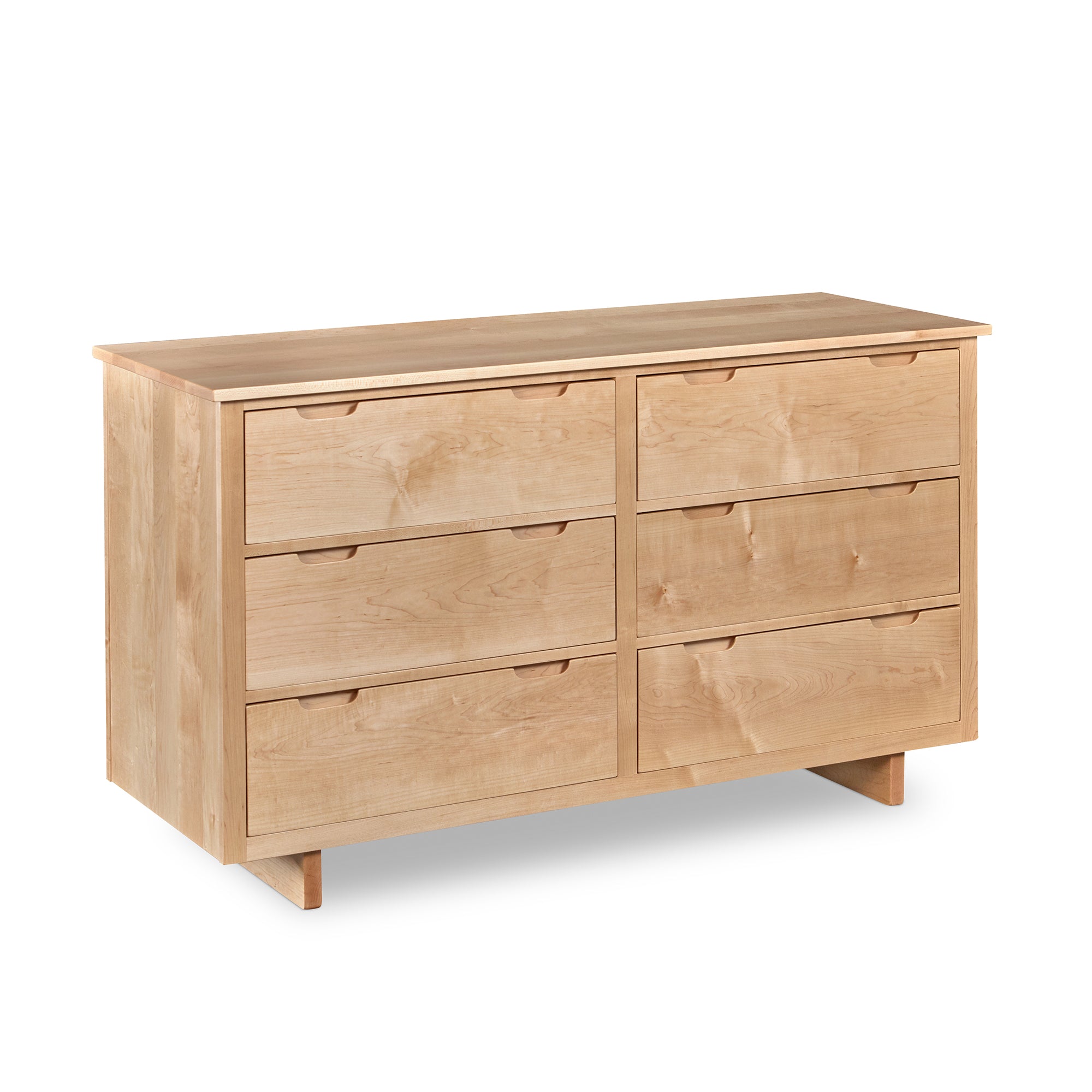 Six drawer Foundation Dresser in hard maple wood with trestle base and built in drawer pulls
