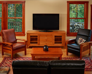 Cozy living room furnished with cherry Salmon Falls Media Console, Arts & Crafts occasional tables and Mission recliners