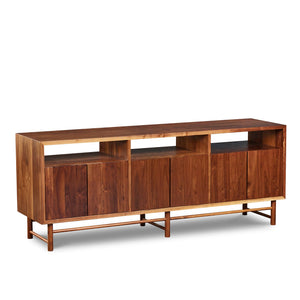 Mid-century modern Navarend media case in solid walnut wood with round legs and stretchers and six doors with storage space