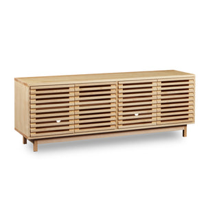 Modern slatted media stand from Chilton Furniture in large size and maple wood