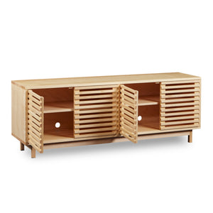 Modern slatted media stand with two of four doors open from Chilton Furniture in large size and maple wood