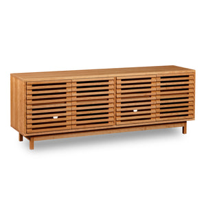 Modern slatted media stand from Chilton Furniture in large size and cherry wood