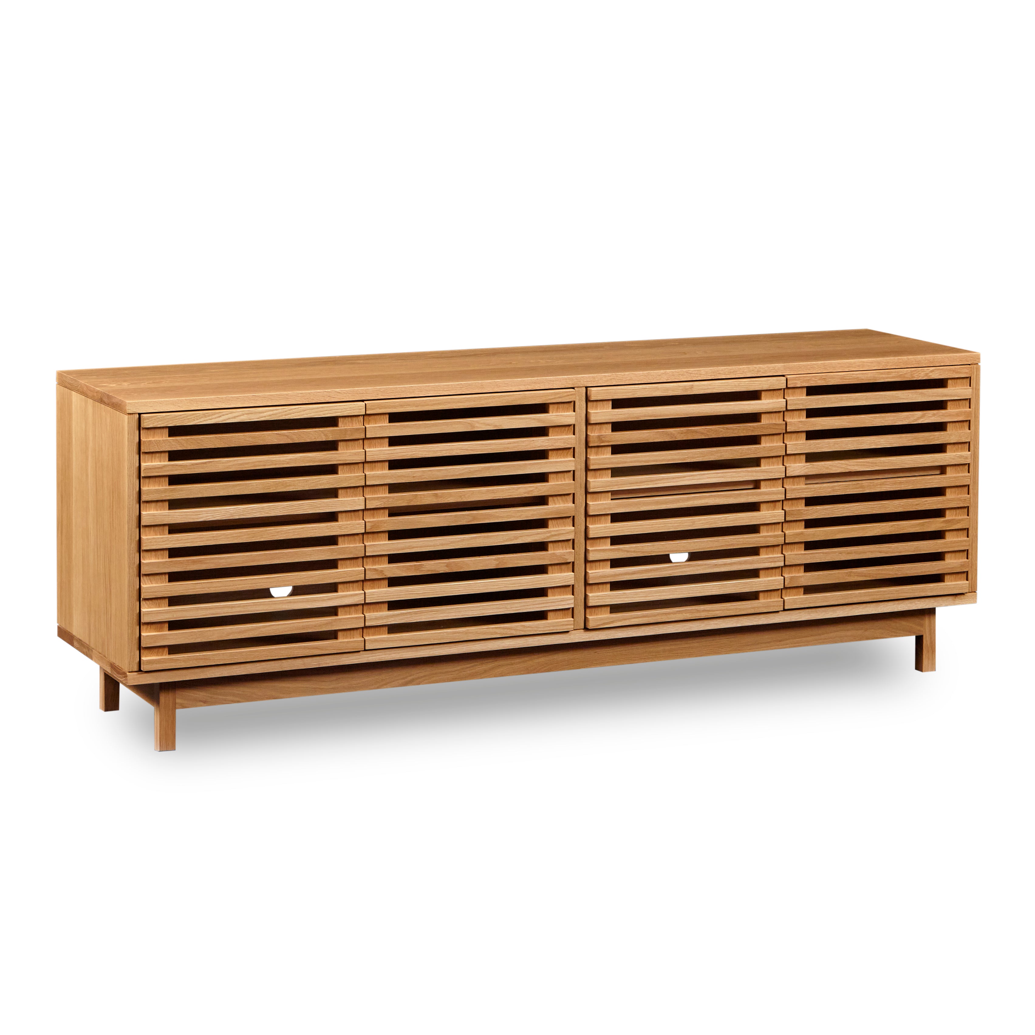 Modern slatted media stand from Chilton Furniture in large size and white oak wood
