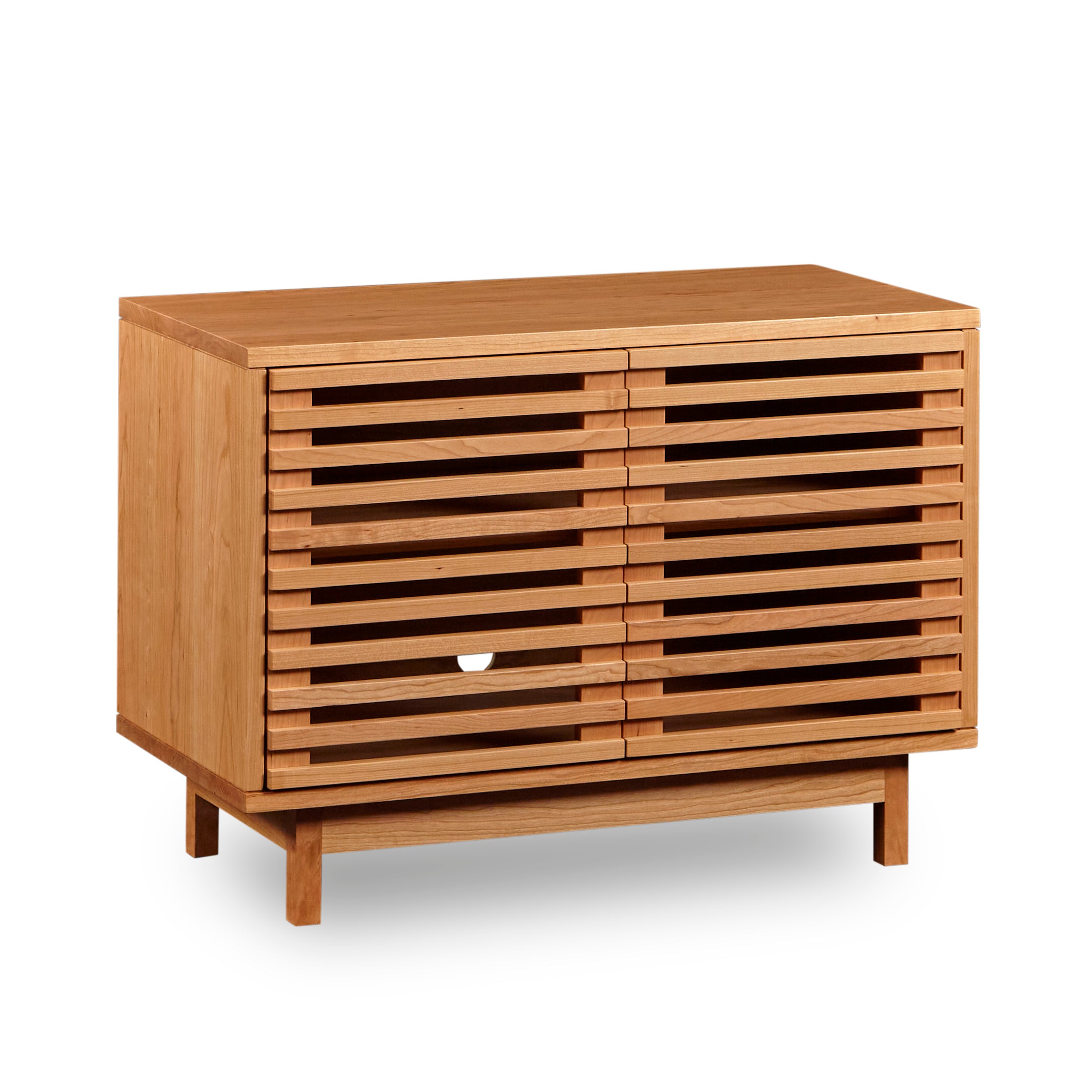 Modern slatted media stand from Chilton Furniture in small size and cherry wood