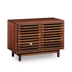 Modern slatted media stand from Chilton Furniture in small size and walnut wood