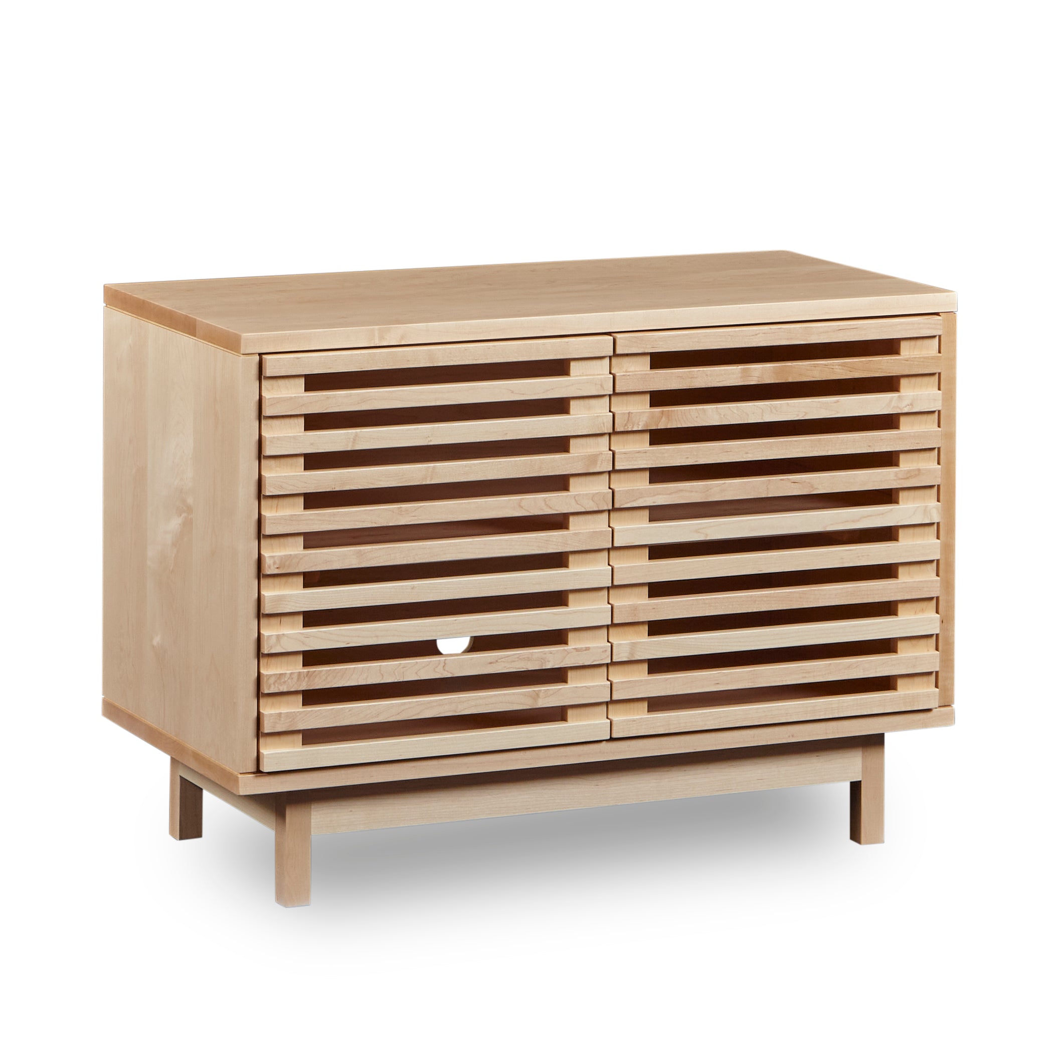 Modern slatted media stand from Chilton Furniture in small size and maple wood