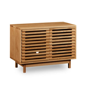 Modern slatted media stand from Chilton Furniture in small size and white oak wood