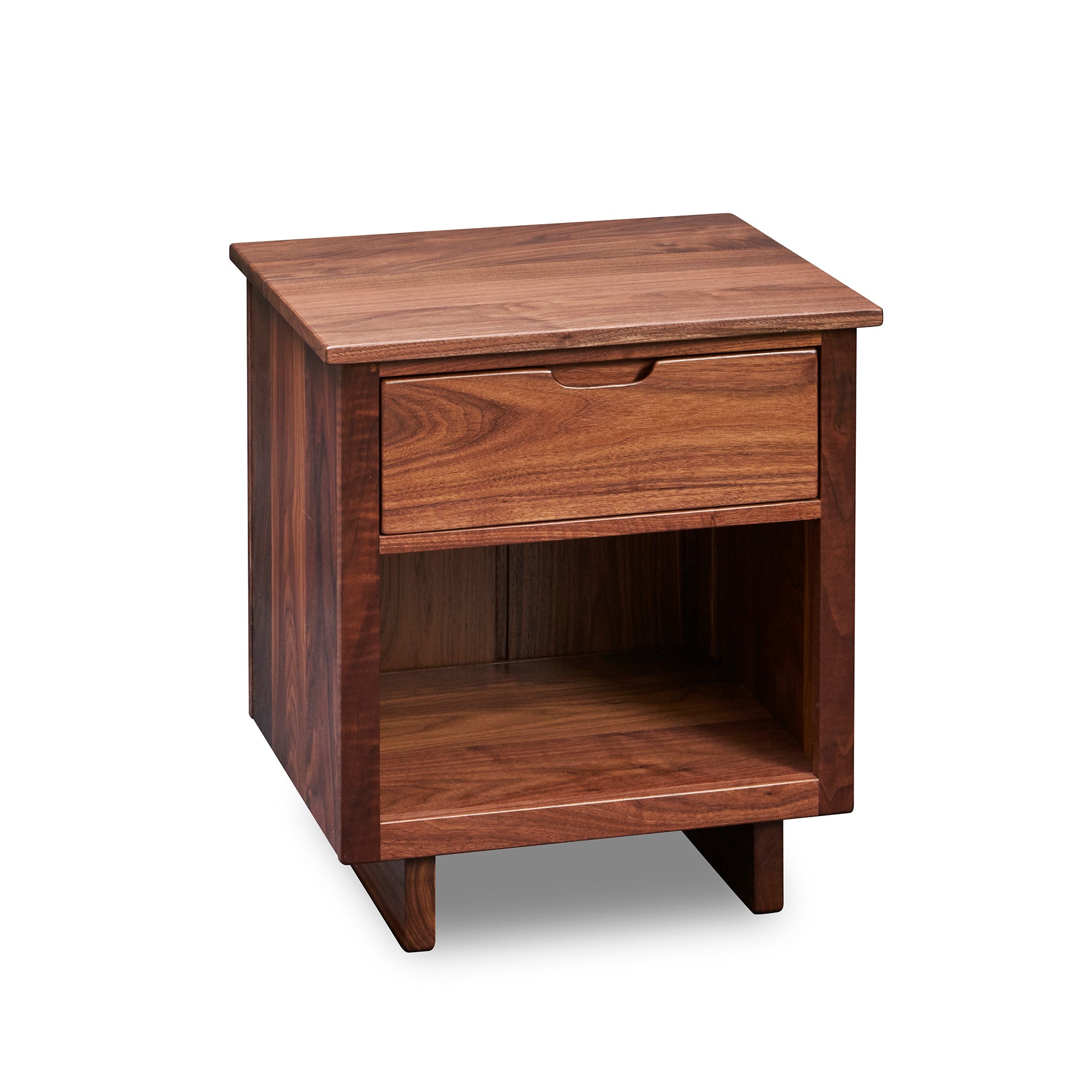 One drawer Foundation Nightstand in solid walnut wood with trestle base and built in drawer pull