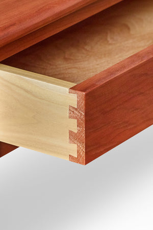 Details on open Shaker style drawer with dovetail joinery