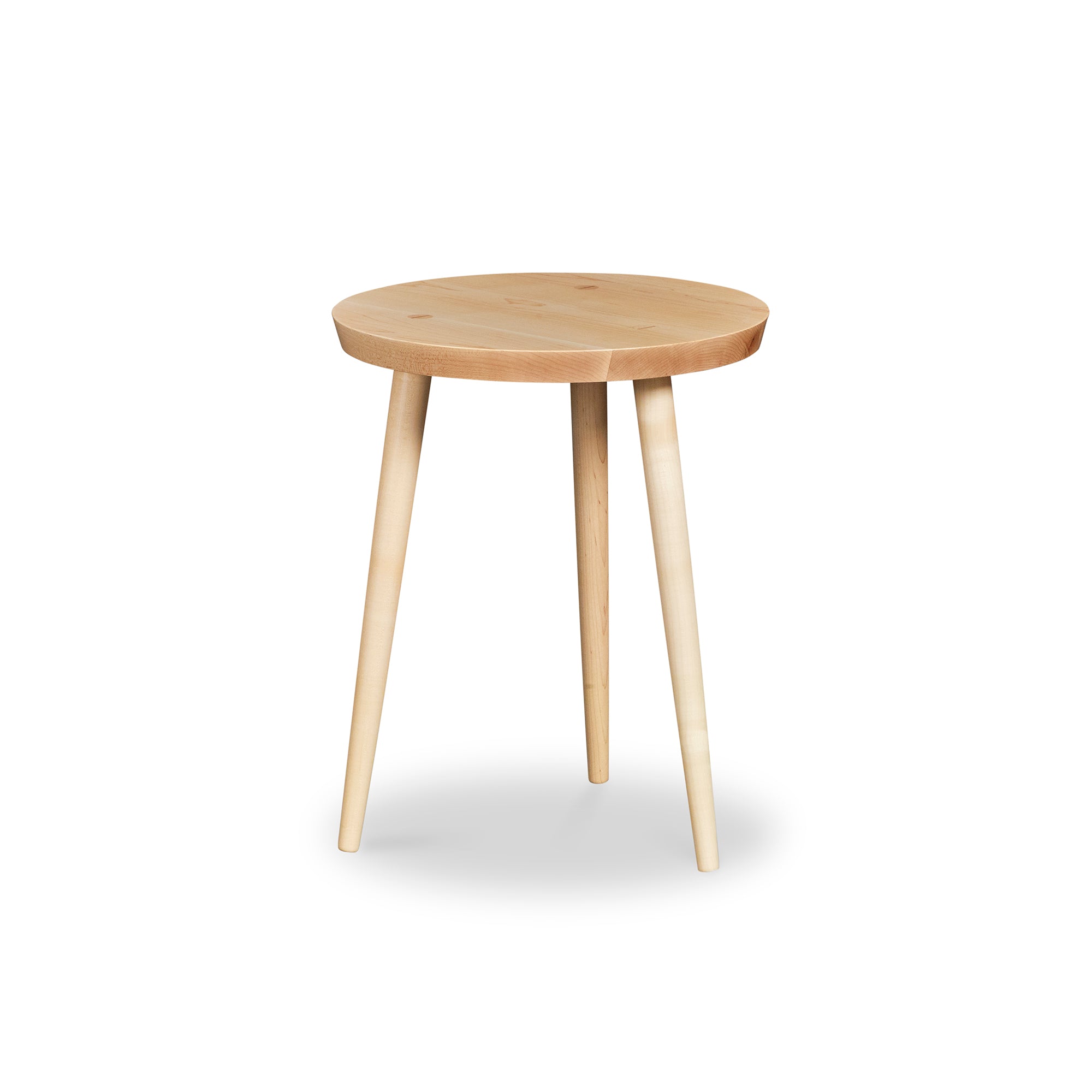 Modern round maple wood nightstand with three round tapered legs