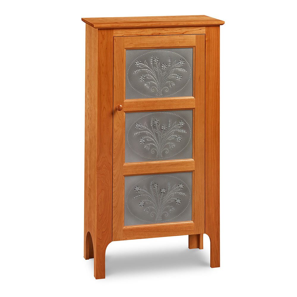 One-door Shaker inspired pie safe with pierced tin panels in the design of flowers, from Maine's Chilton Furniture Co. 