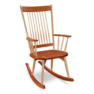 Solid cherry wood rocker with rounded maple wood spindles , from Maine's Chilton Furniture Co.