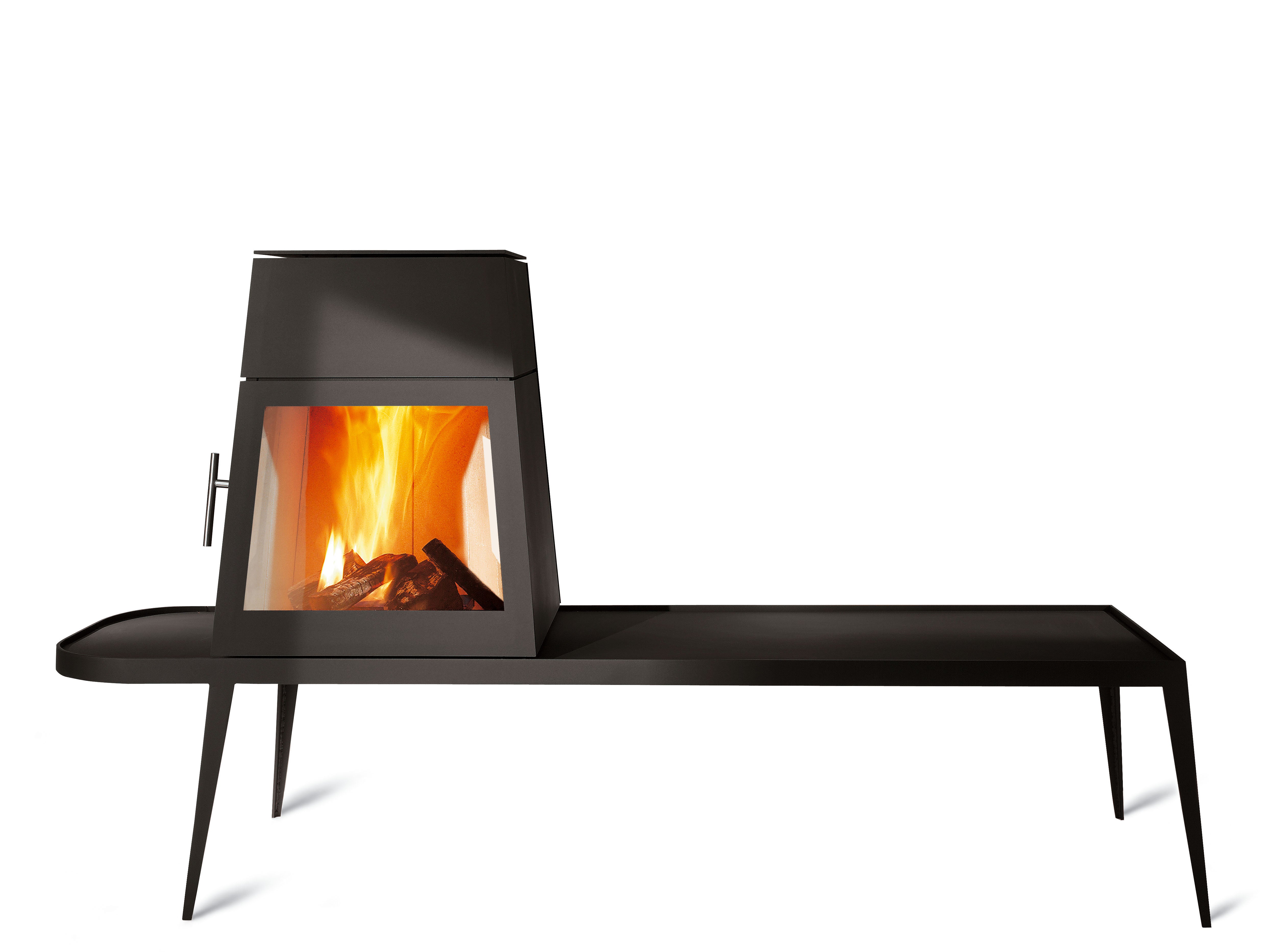 Modern Shaker Style wood-burning stove in black cast iron with long side bench