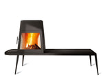 Modern Shaker Style wood-burning stove in black cast iron with long side bench