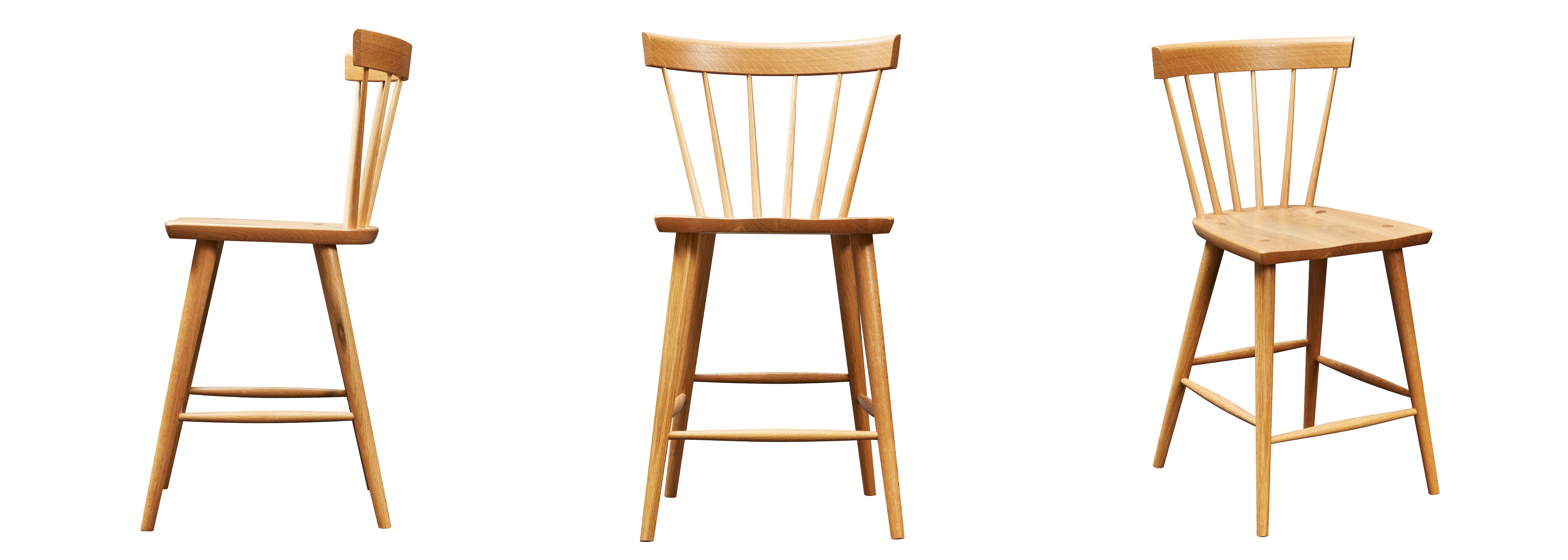 Three view spread of a white oak Boston Stool  shown from the side, front and corner
