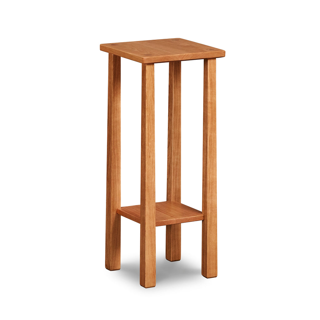 Small square Kittery Plant Stand with low shelf in solid cherry wood with square reverse tapered legs