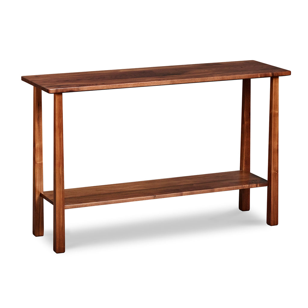 Kittery Sofa Table with low shelf in solid walnut wood with square reverse tapered legs