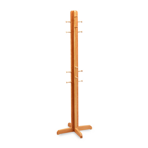 Cherry wood coat hanger with cross base and wooden Shaker mushroom pegs