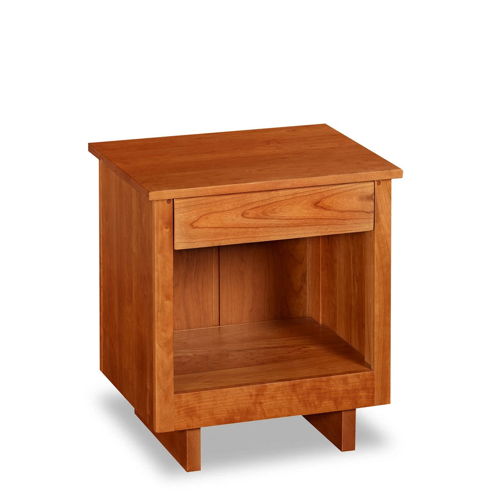 Chilton Furniture's Acadia collection one drawer cherry bedroom nightstand with under drawer pulls and panel base