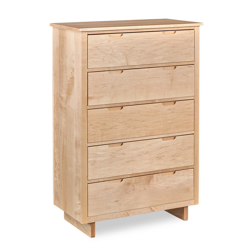 Five drawer Foundation Chest in hard maple wood with trestle base and built in drawer pulls