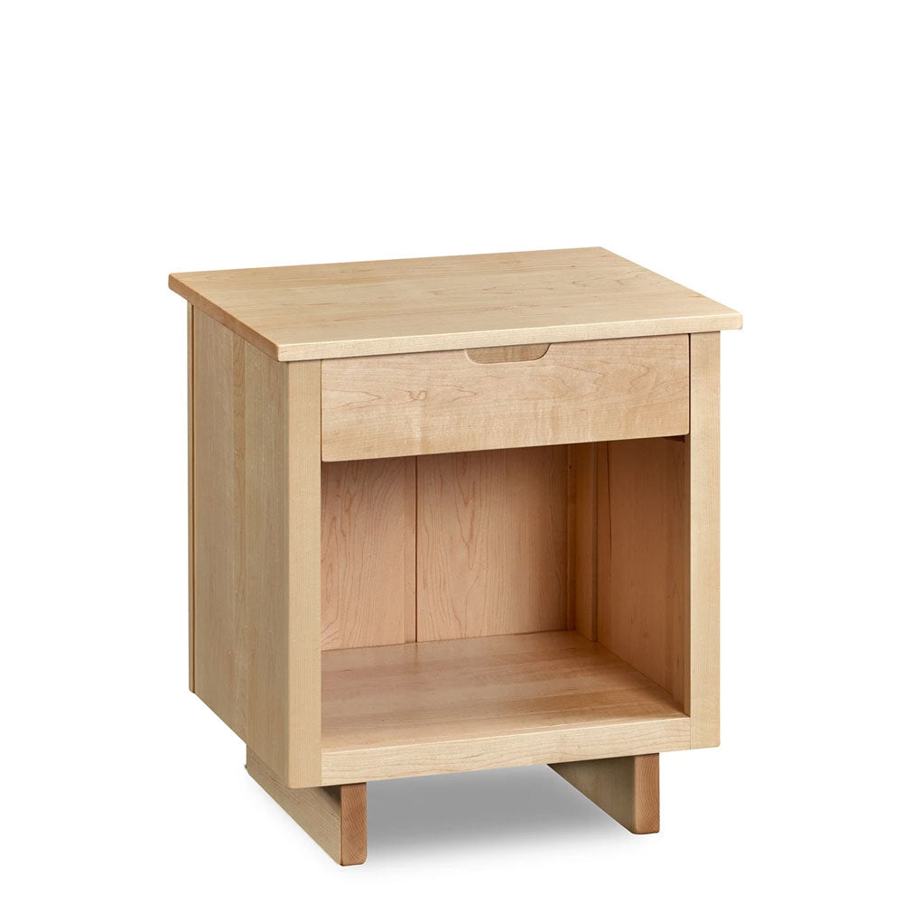 One drawer Foundation Nightstand in hard maple wood with trestle base and built in drawer pull