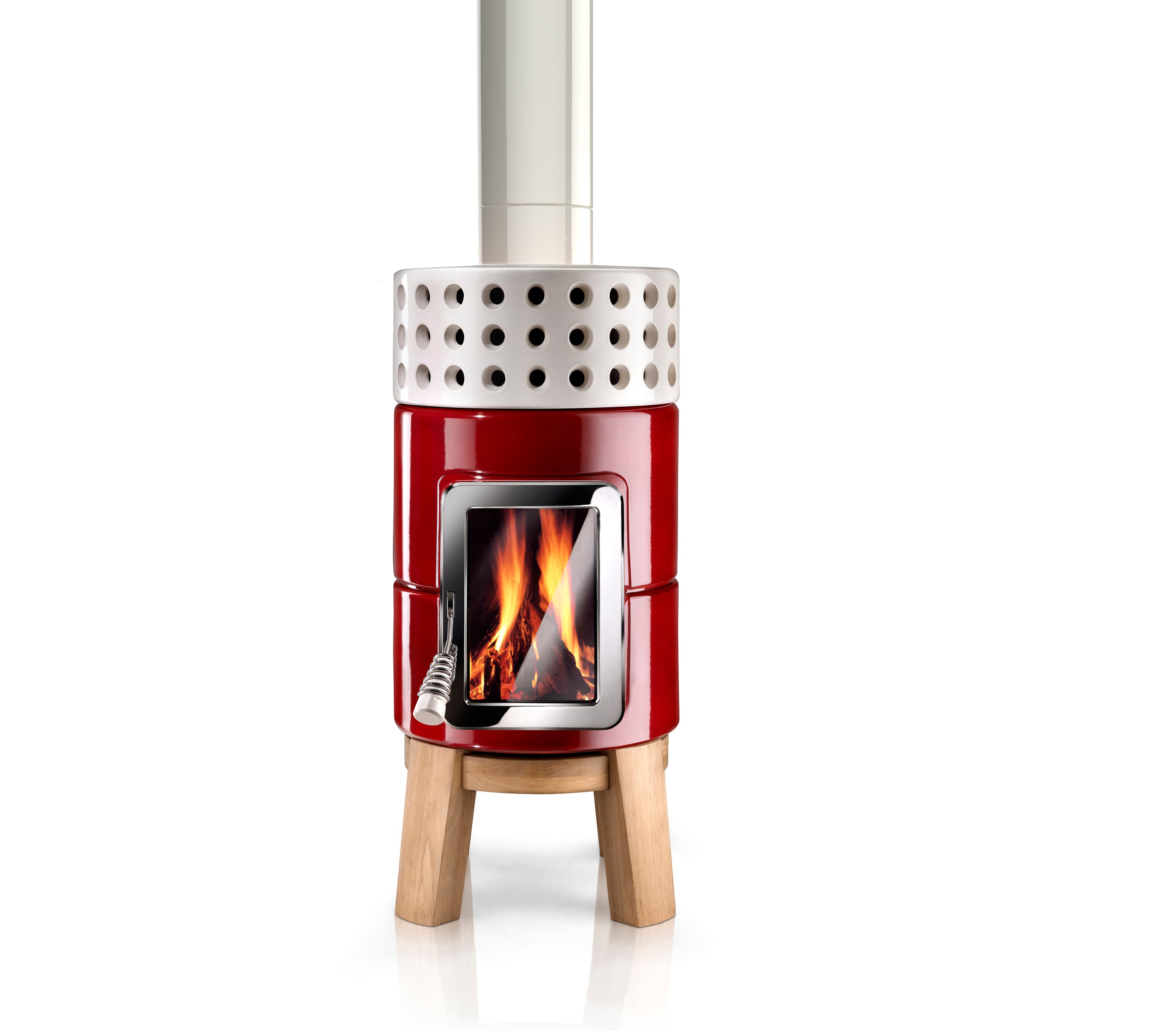 Modern Scandinavian Style wood-burning stove, in red with oak wood base