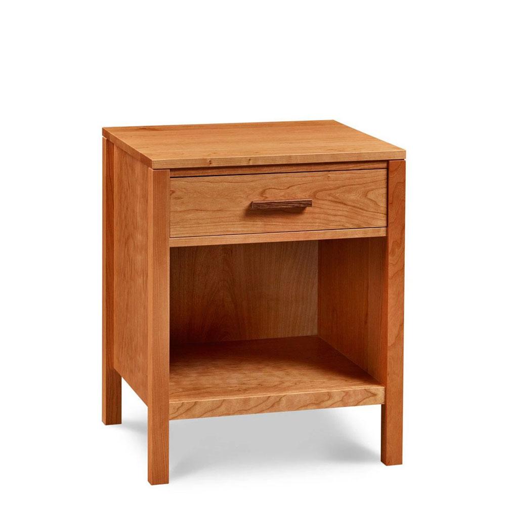 Modern one drawer bedroom storage nightstand in cherry, and horizontal pulls in walnut, from Maine's Chilton Furniture Co. 